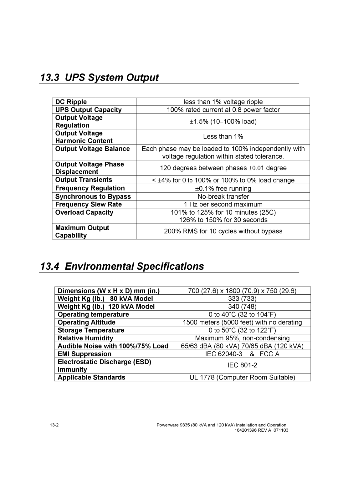 Powerware 9335 operation manual UPS System Output, Environmental Specifications 