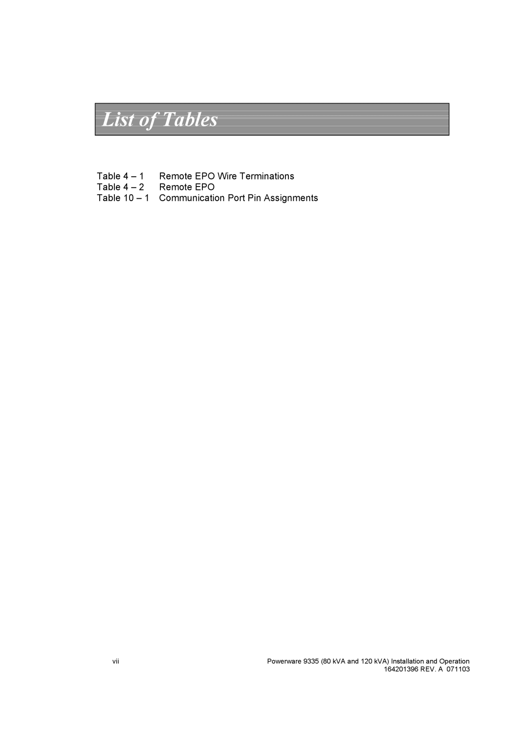 Powerware 9335 operation manual List of Tables 