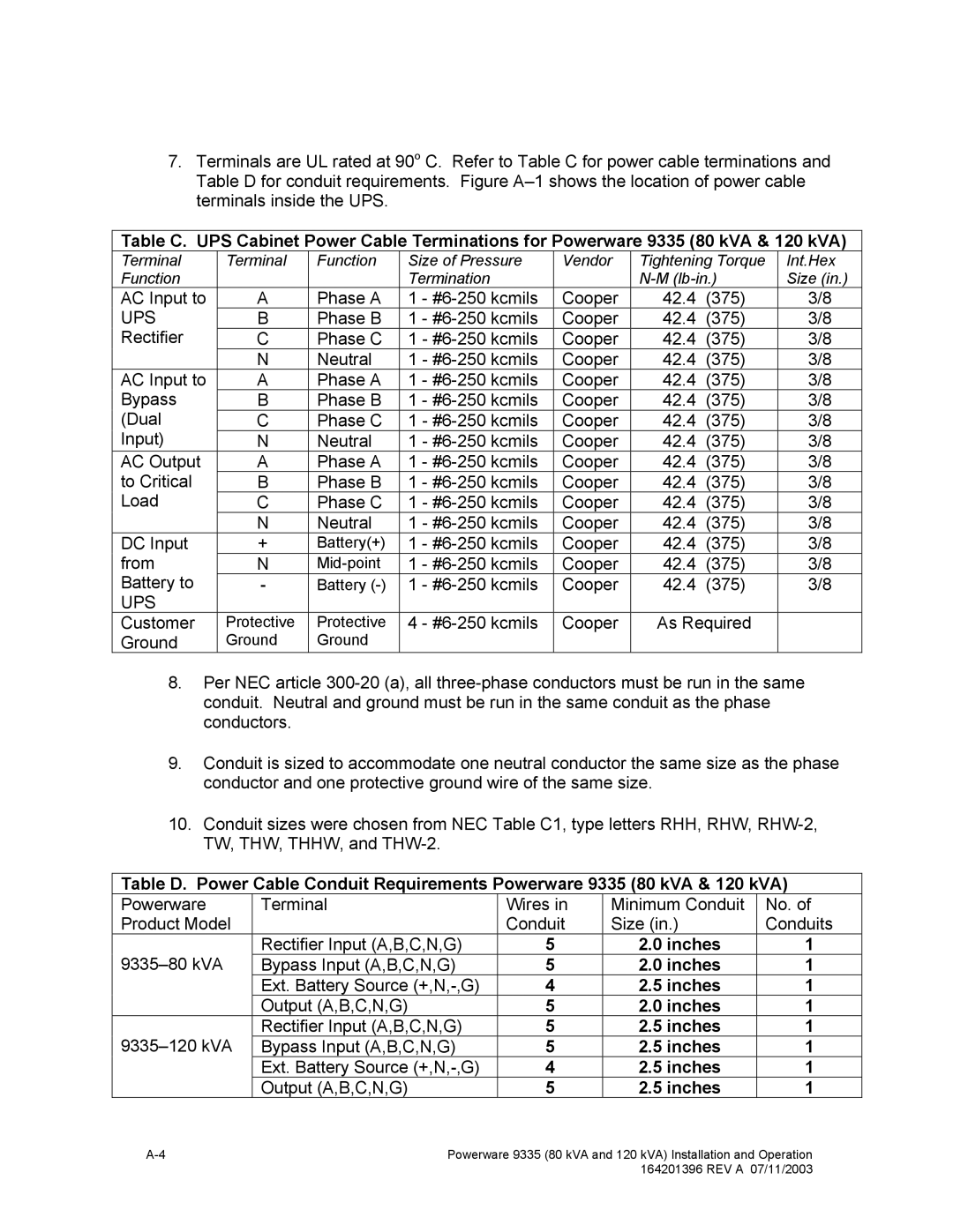 Powerware 9335 operation manual AC Input to Phase a #6-250 kcmils Cooper 42.4 375 