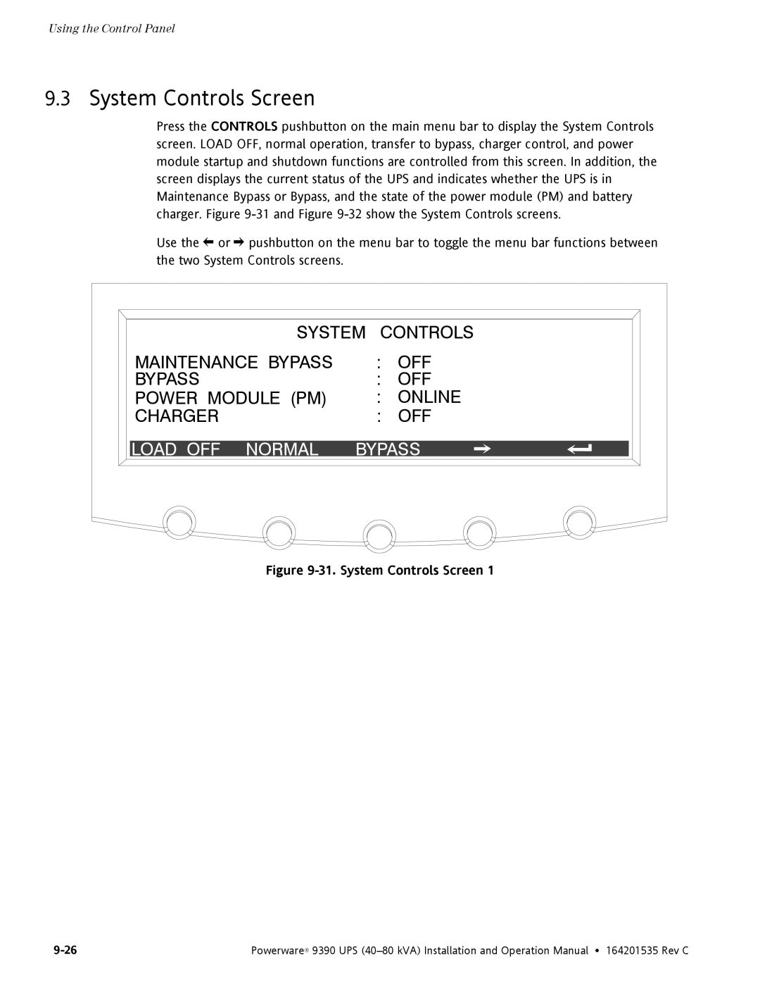 Powerware 9390 operation manual System Controls Screen, Load OFF Normal Bypass 