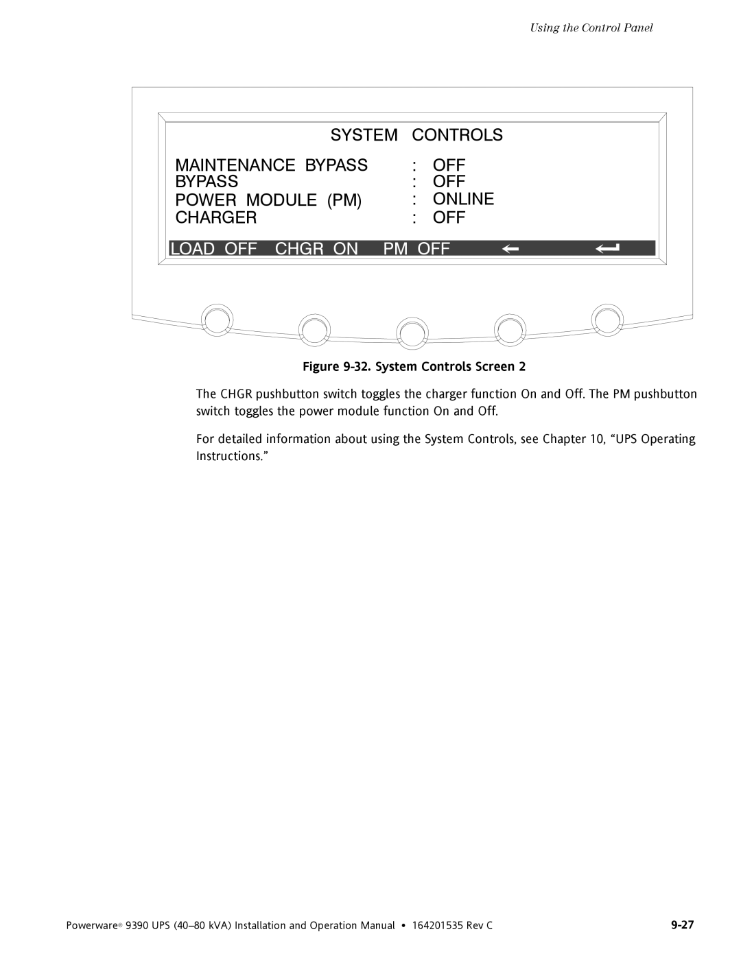 Powerware 9390 operation manual Load OFF Chgr on PM OFF 