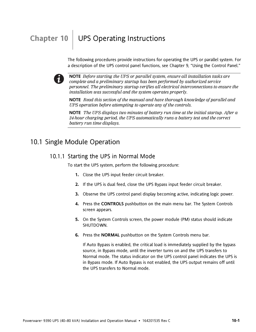 Powerware 9390 operation manual UPS Operating Instructions, Single Module Operation, Starting the UPS in Normal Mode 