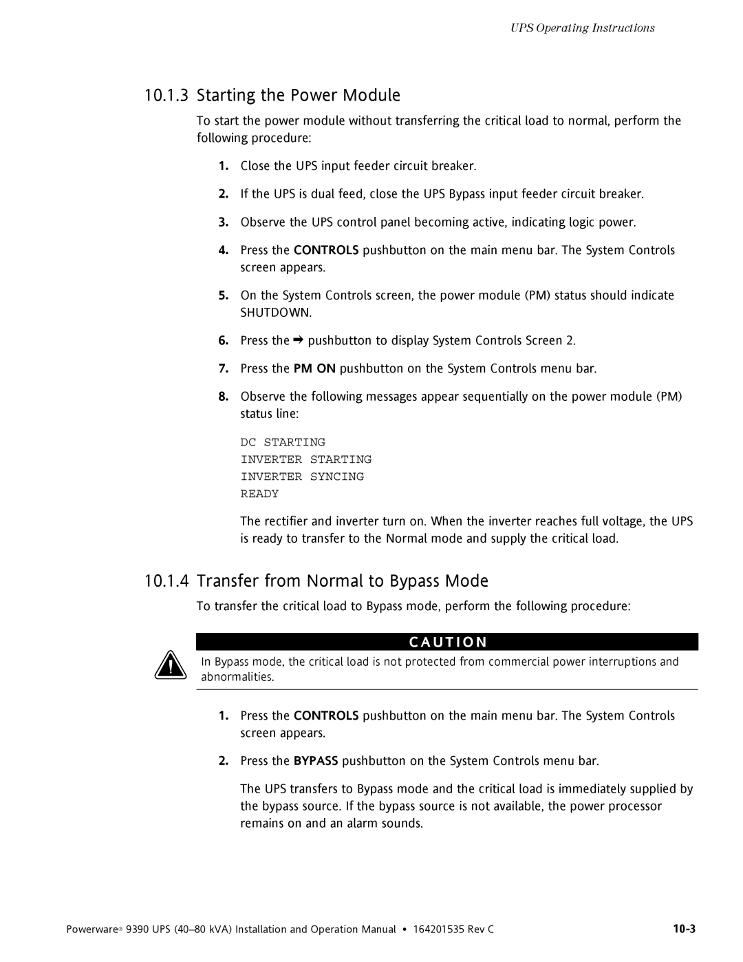 Powerware 9390 operation manual Starting the Power Module, Transfer from Normal to Bypass Mode 