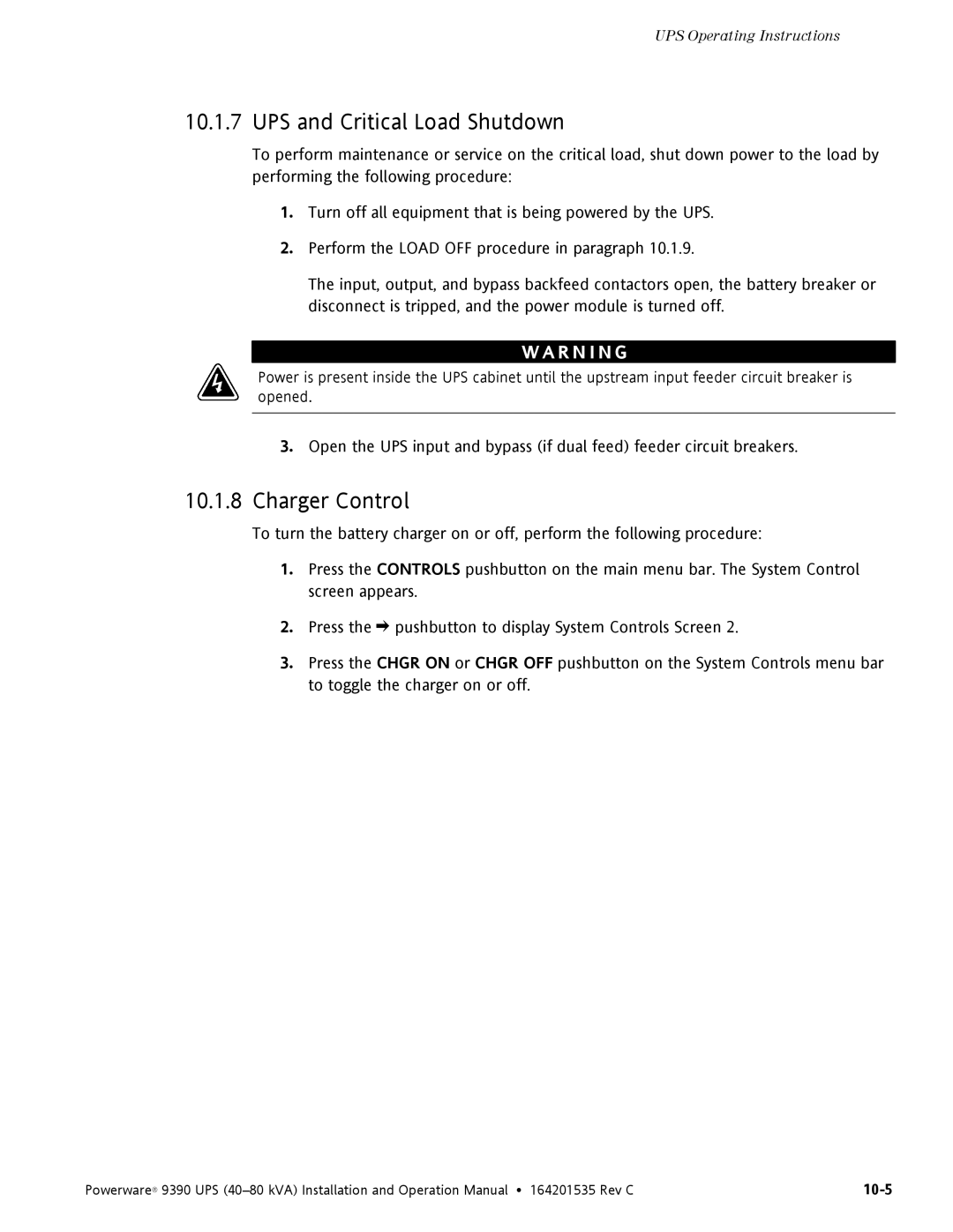 Powerware 9390 operation manual UPS and Critical Load Shutdown, Charger Control 