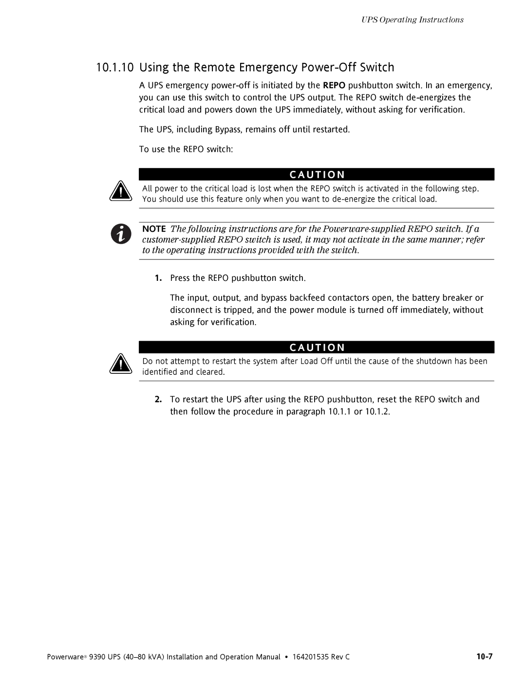 Powerware 9390 operation manual Using the Remote Emergency Power-Off Switch 