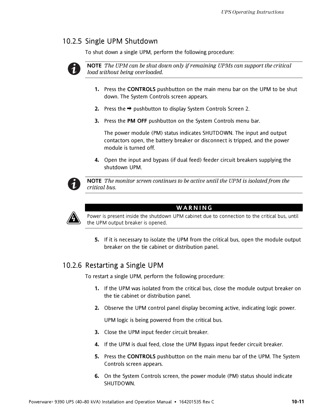 Powerware 9390 operation manual Single UPM Shutdown, Restarting a Single UPM 