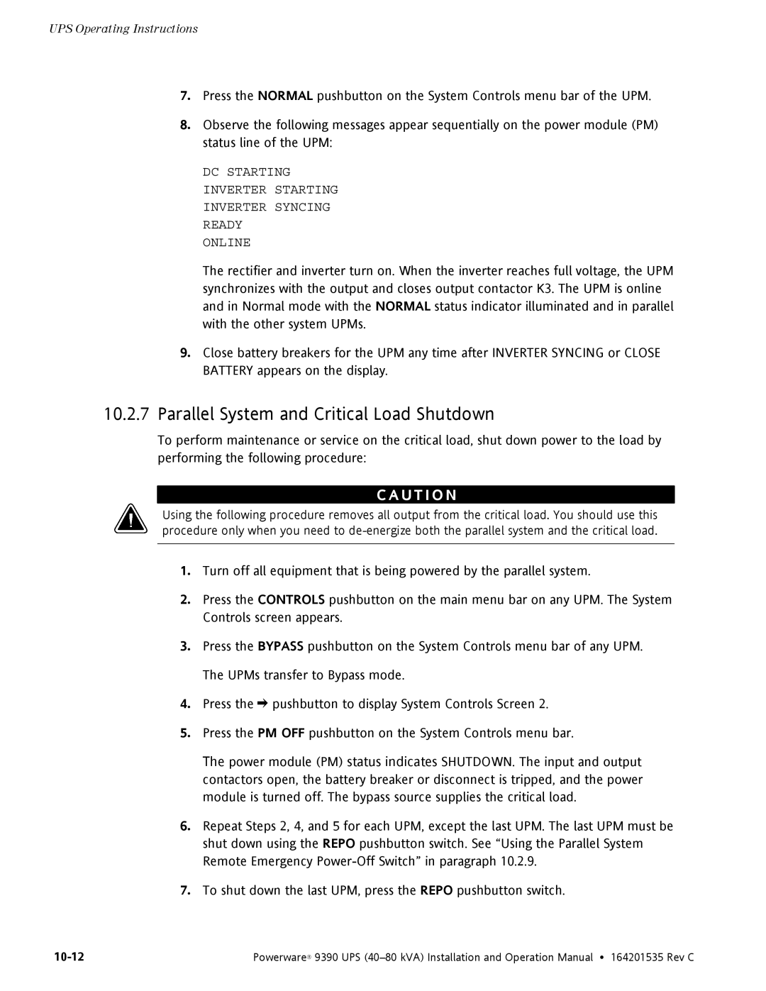 Powerware 9390 operation manual Parallel System and Critical Load Shutdown 