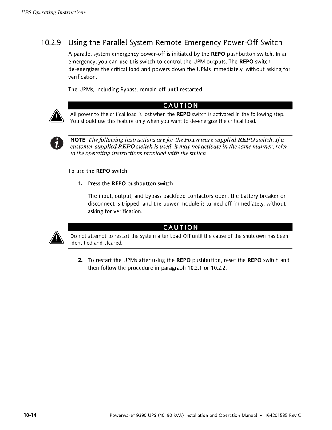 Powerware 9390 operation manual Using the Parallel System Remote Emergency Power-Off Switch 