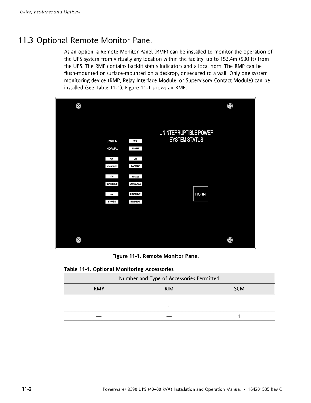 Powerware 9390 operation manual Optional Remote Monitor Panel, Remote Monitor Panel Optional Monitoring Accessories 