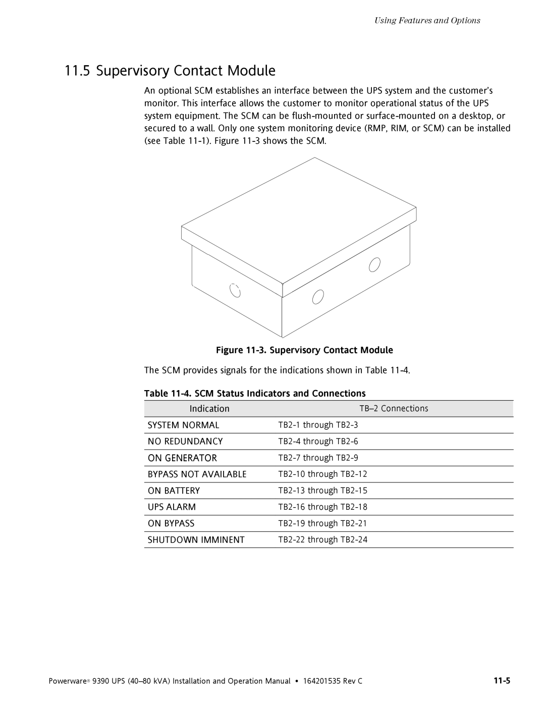 Powerware 9390 operation manual Supervisory Contact Module, SCM Status Indicators and Connections 