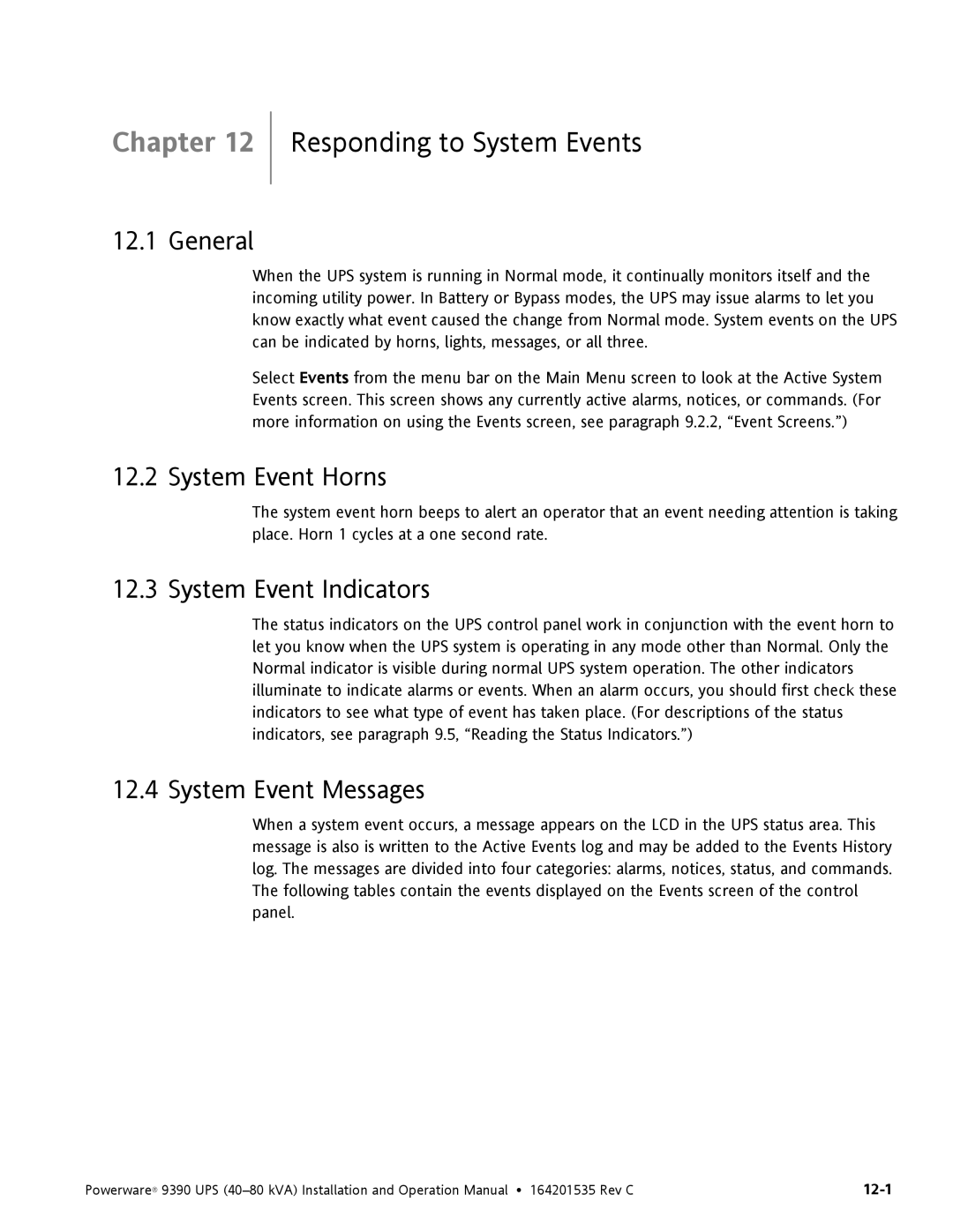 Powerware 9390 Responding to System Events, General, System Event Horns, System Event Indicators, System Event Messages 