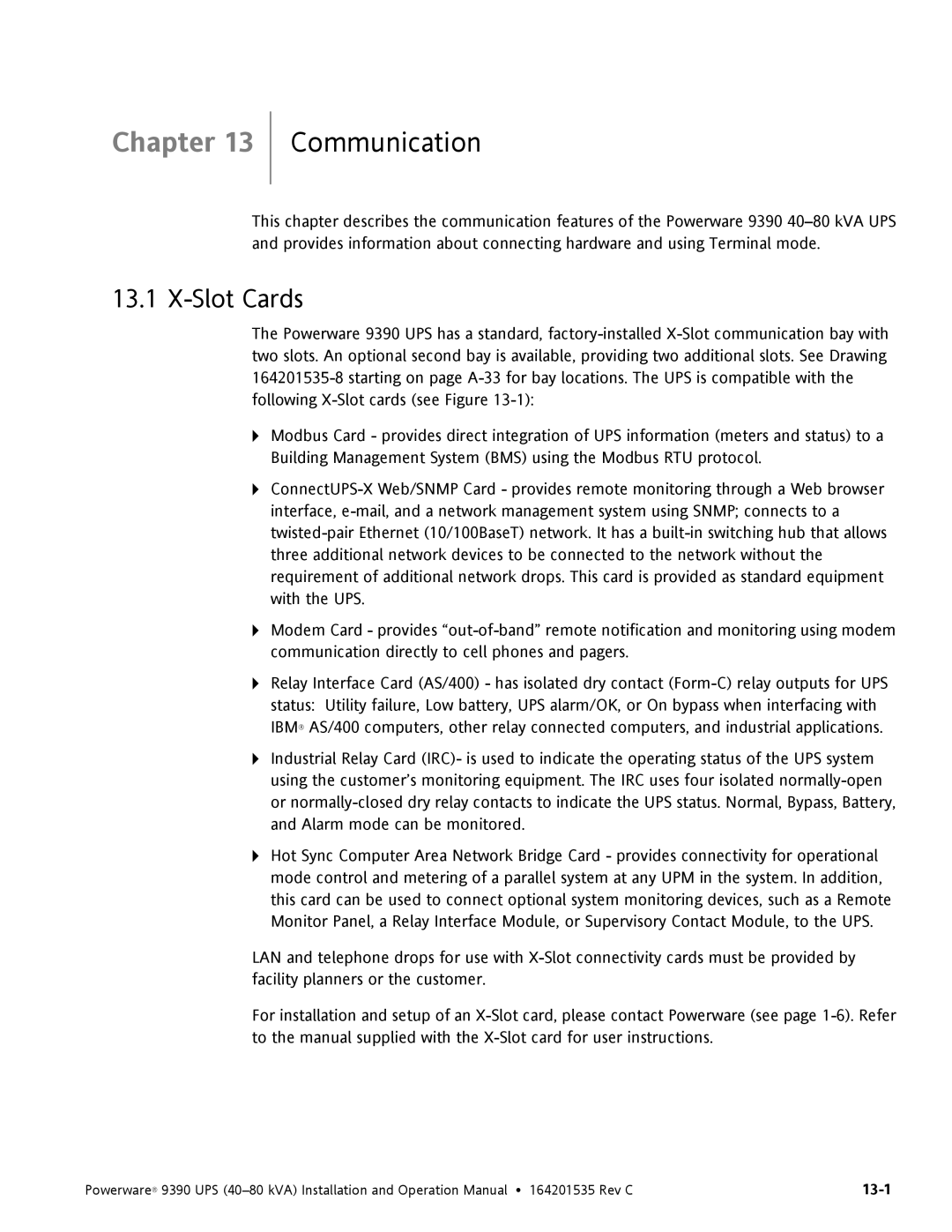 Powerware 9390 operation manual Communication, Slot Cards 