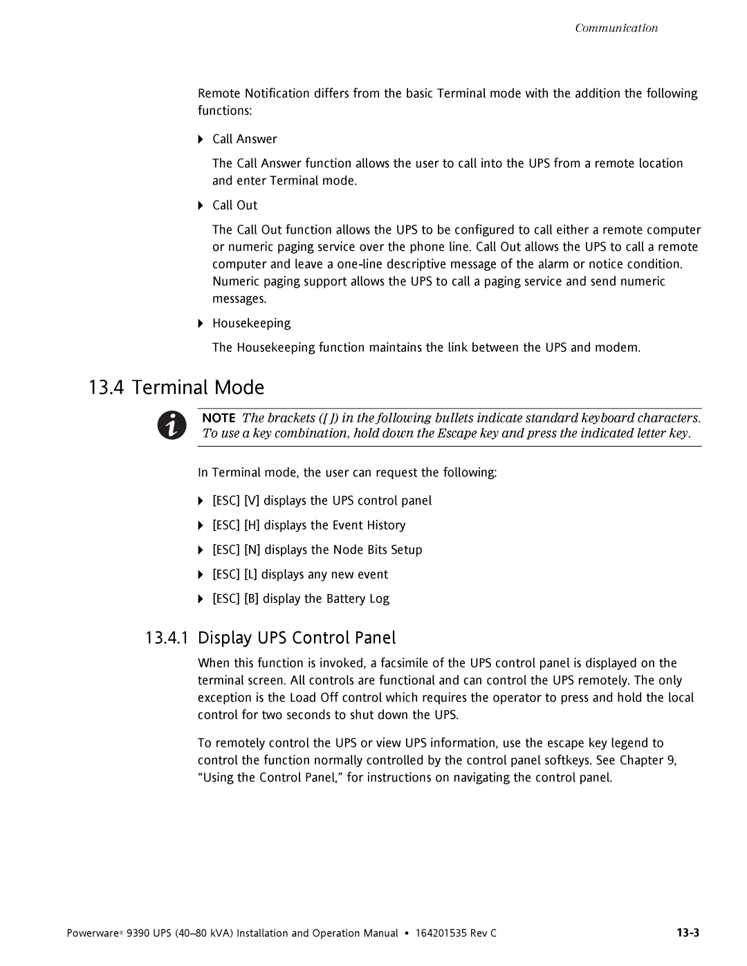 Powerware 9390 operation manual Terminal Mode, Display UPS Control Panel 