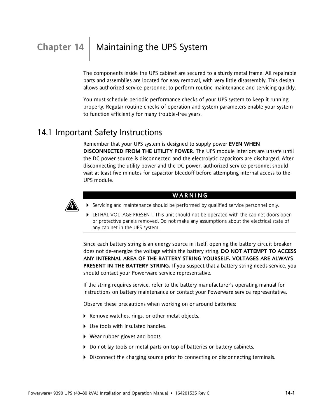 Powerware 9390 operation manual Maintaining the UPS System, Important Safety Instructions 