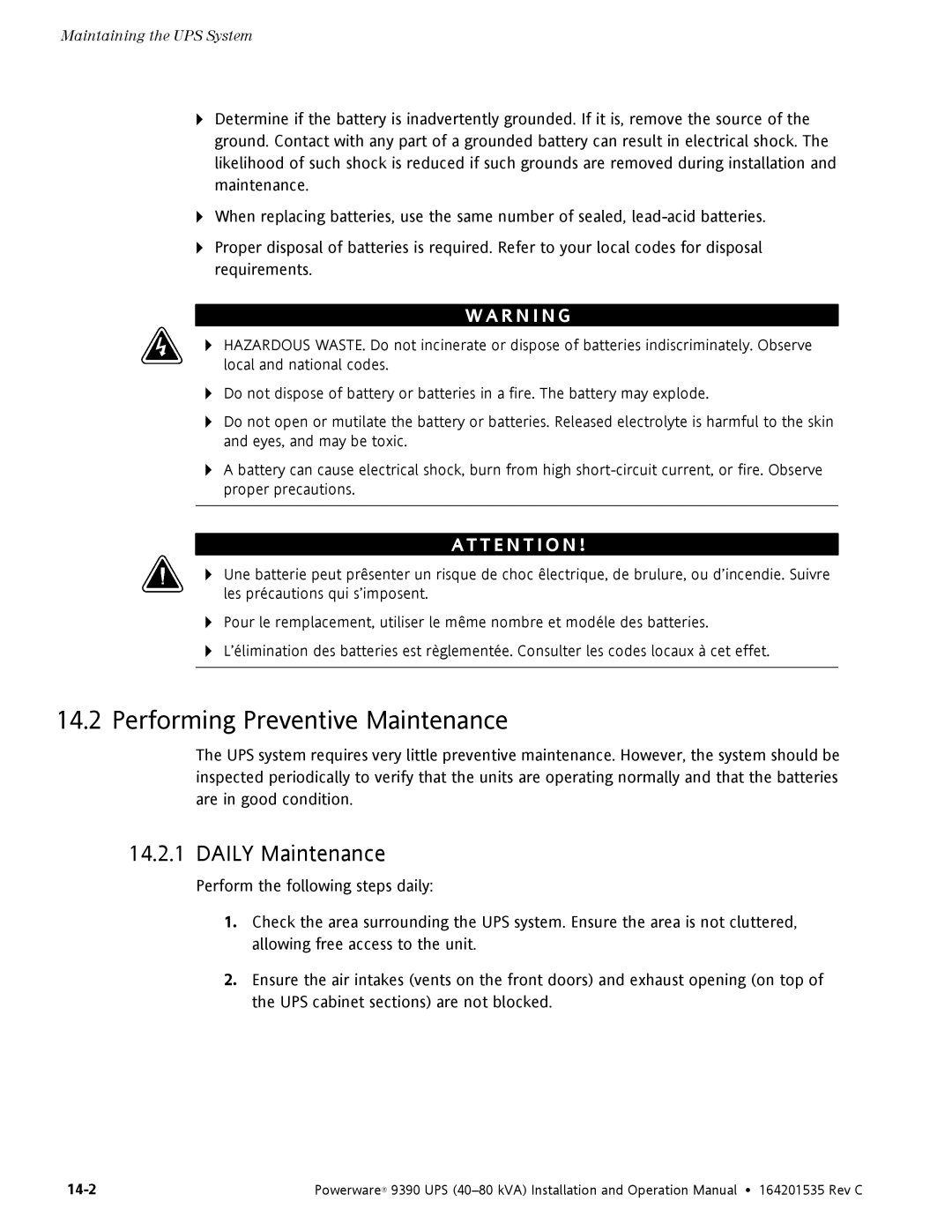 Powerware 9390 operation manual Performing Preventive Maintenance, Daily Maintenance 