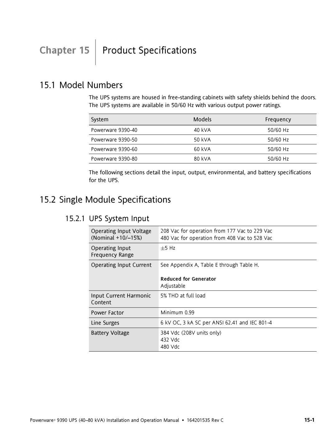 Powerware 9390 operation manual Product Specifications, Model Numbers, Single Module Specifications, UPS System Input 