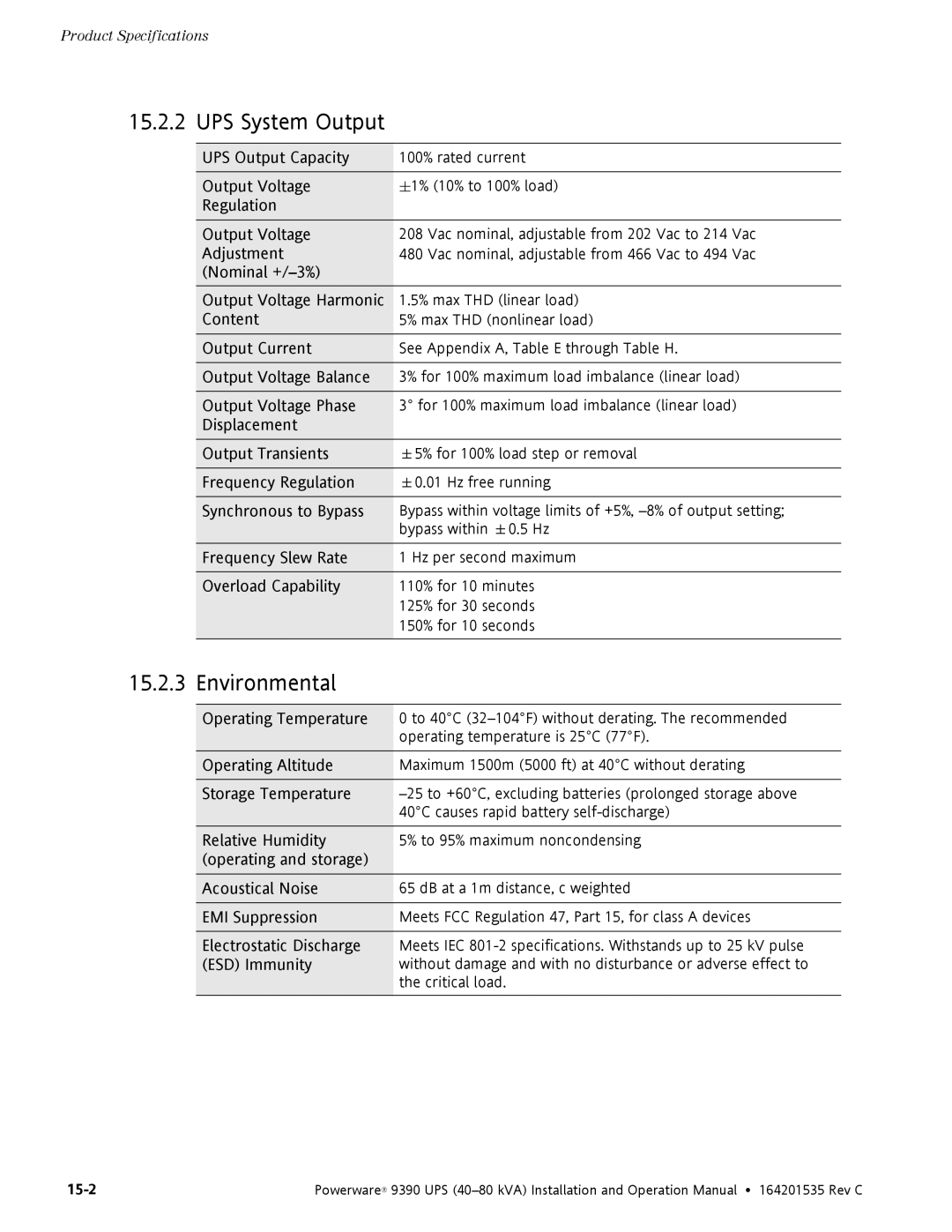 Powerware 9390 operation manual UPS System Output, Environmental 