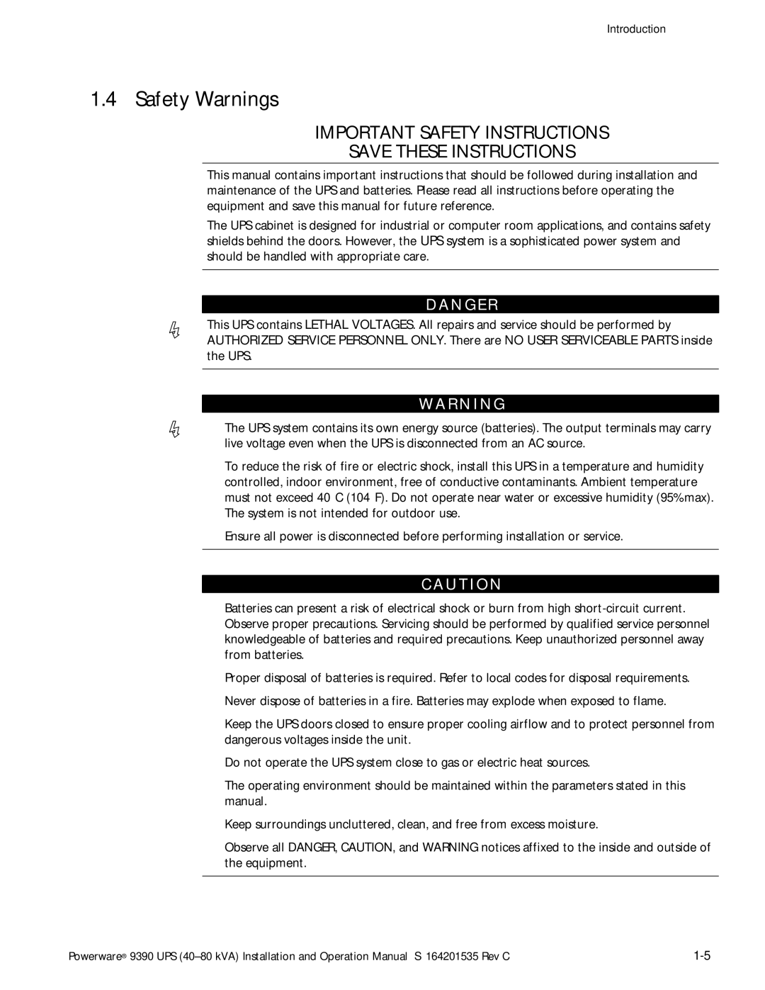 Powerware 9390 operation manual Safety Warnings, N G E R 