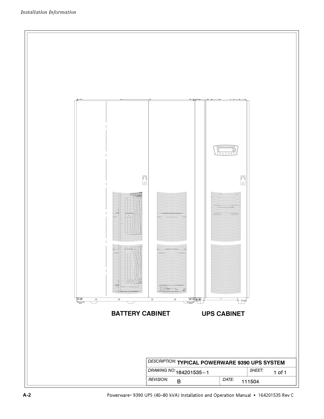 Powerware 9390 operation manual Battery Cabinet UPS Cabinet 