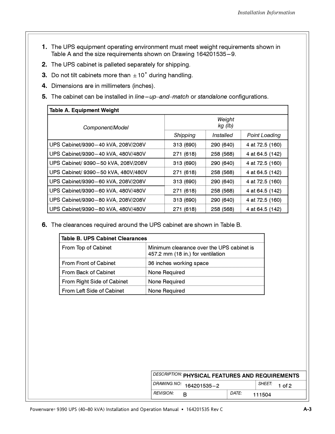 Powerware 9390 operation manual Description Physical Features and Requirements 