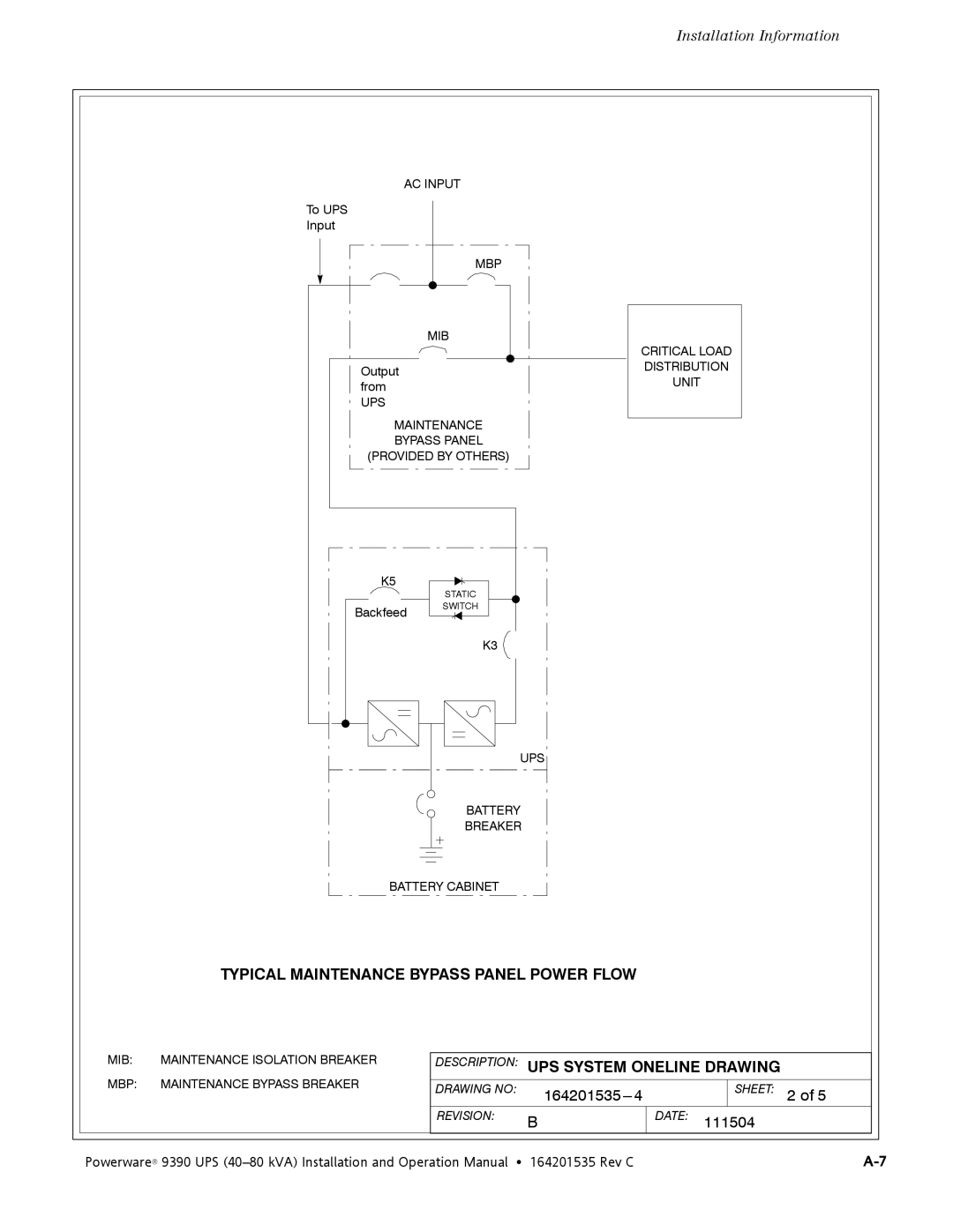 Powerware 9390 operation manual UPS System Oneline Drawing 