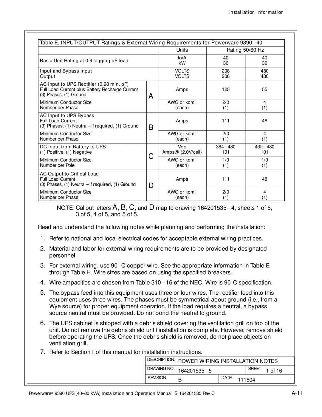 Powerware 9390 operation manual Power Wiring Installation Notes 