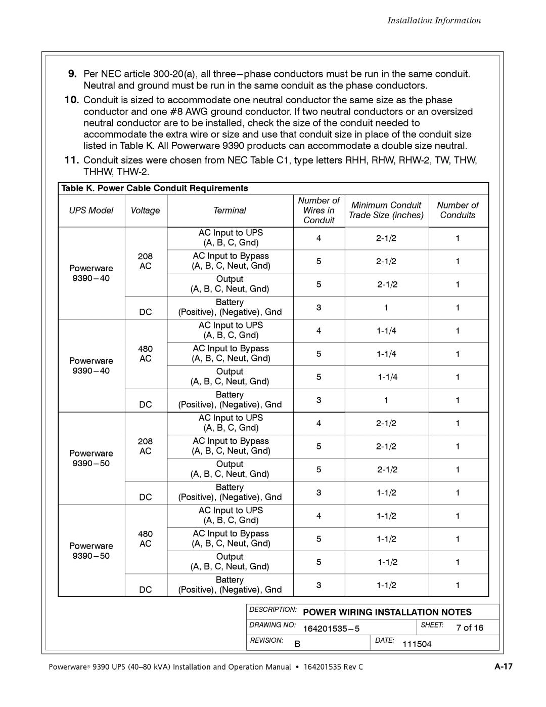 Powerware 9390 operation manual Table K. Power Cable Conduit Requirements 