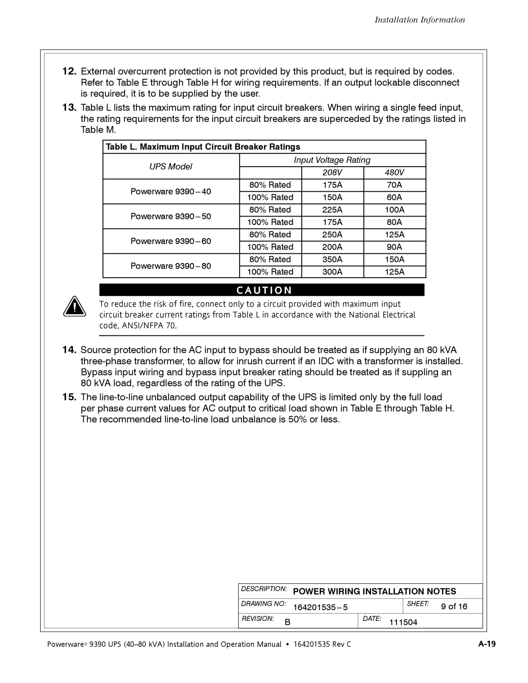 Powerware 9390 operation manual Table L. Maximum Input Circuit Breaker Ratings 