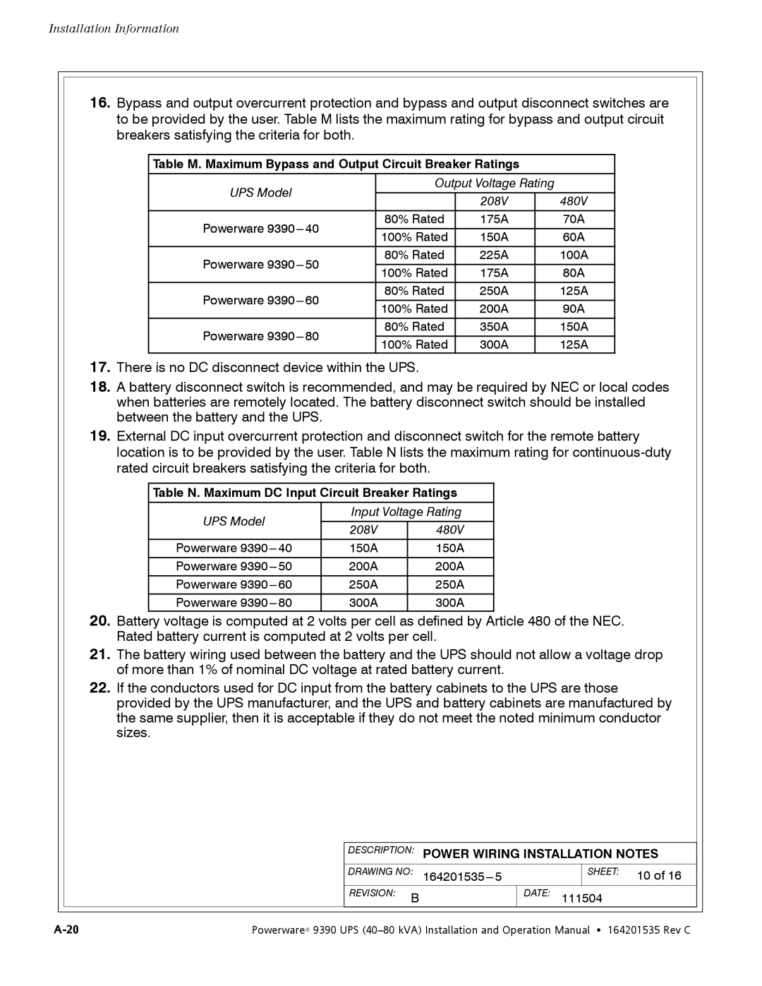 Powerware 9390 operation manual Table N. Maximum DC Input Circuit Breaker Ratings 