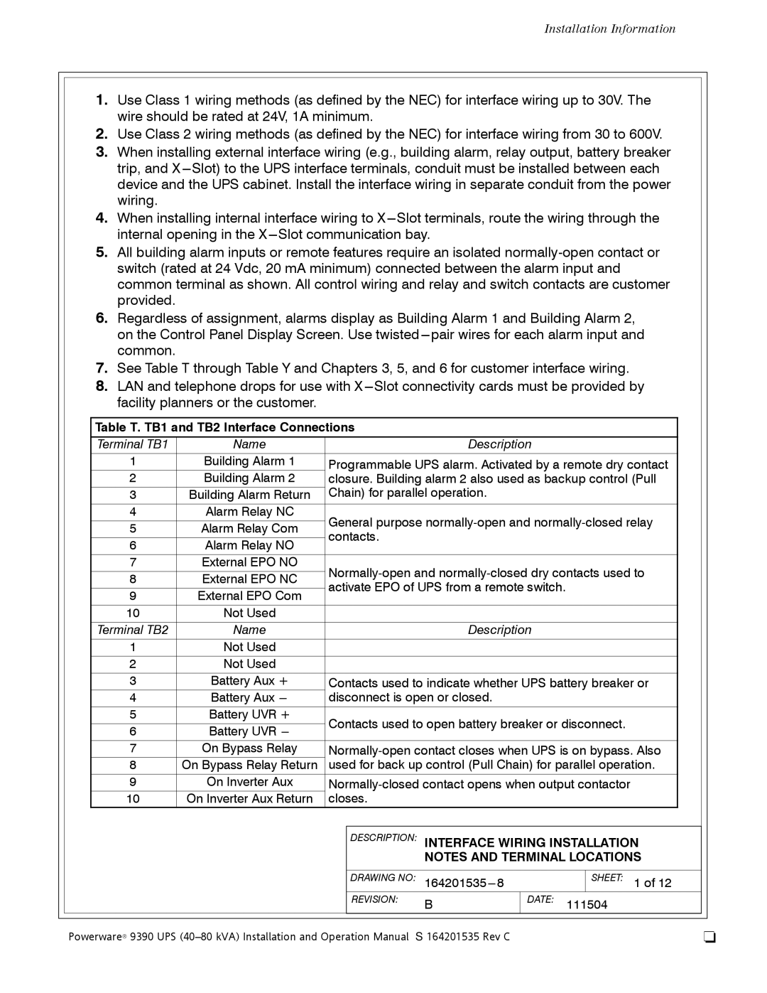 Powerware 9390 operation manual Description Interface Wiring Installation 