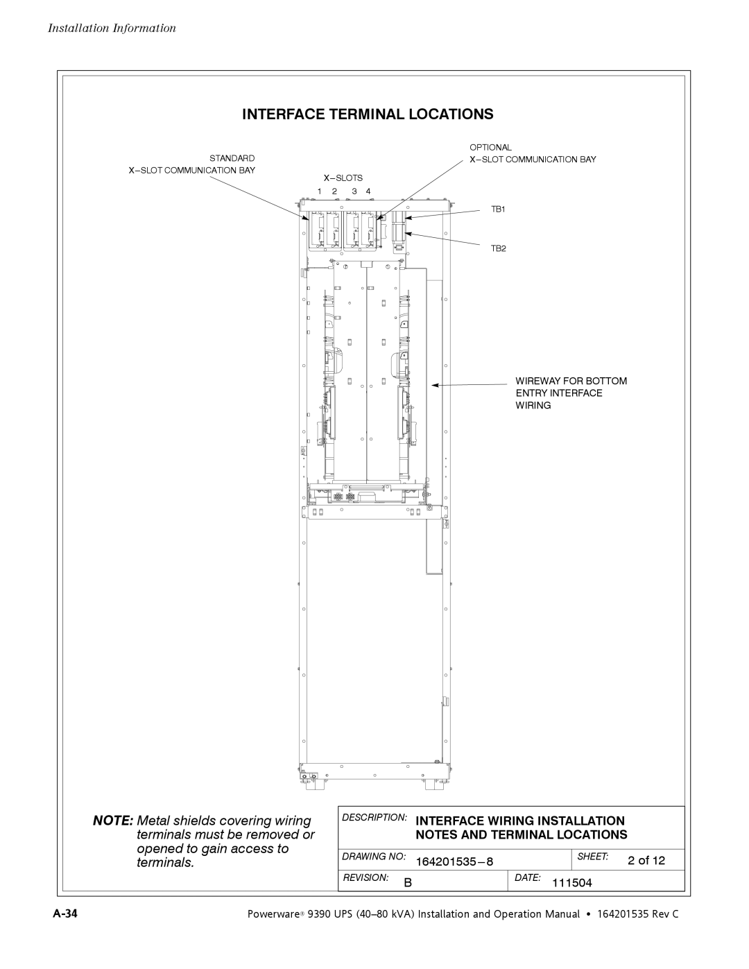 Powerware 9390 operation manual Interface Terminal Locations 