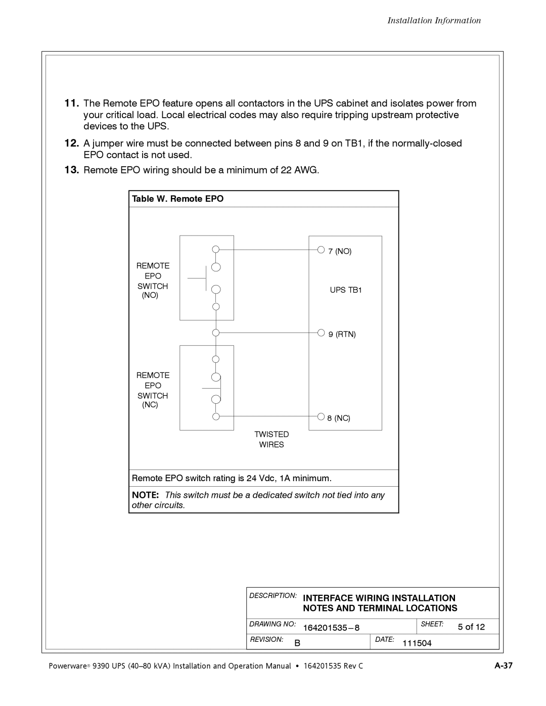 Powerware 9390 operation manual Table W. Remote EPO 