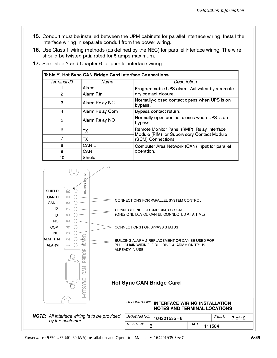 Powerware 9390 operation manual Hot Sync can Bridge Card 