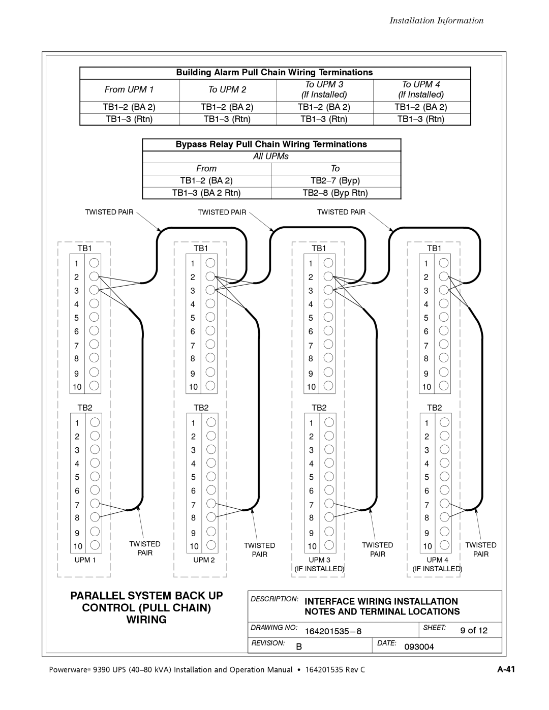 Powerware 9390 operation manual Control Pull Chain Wiring 