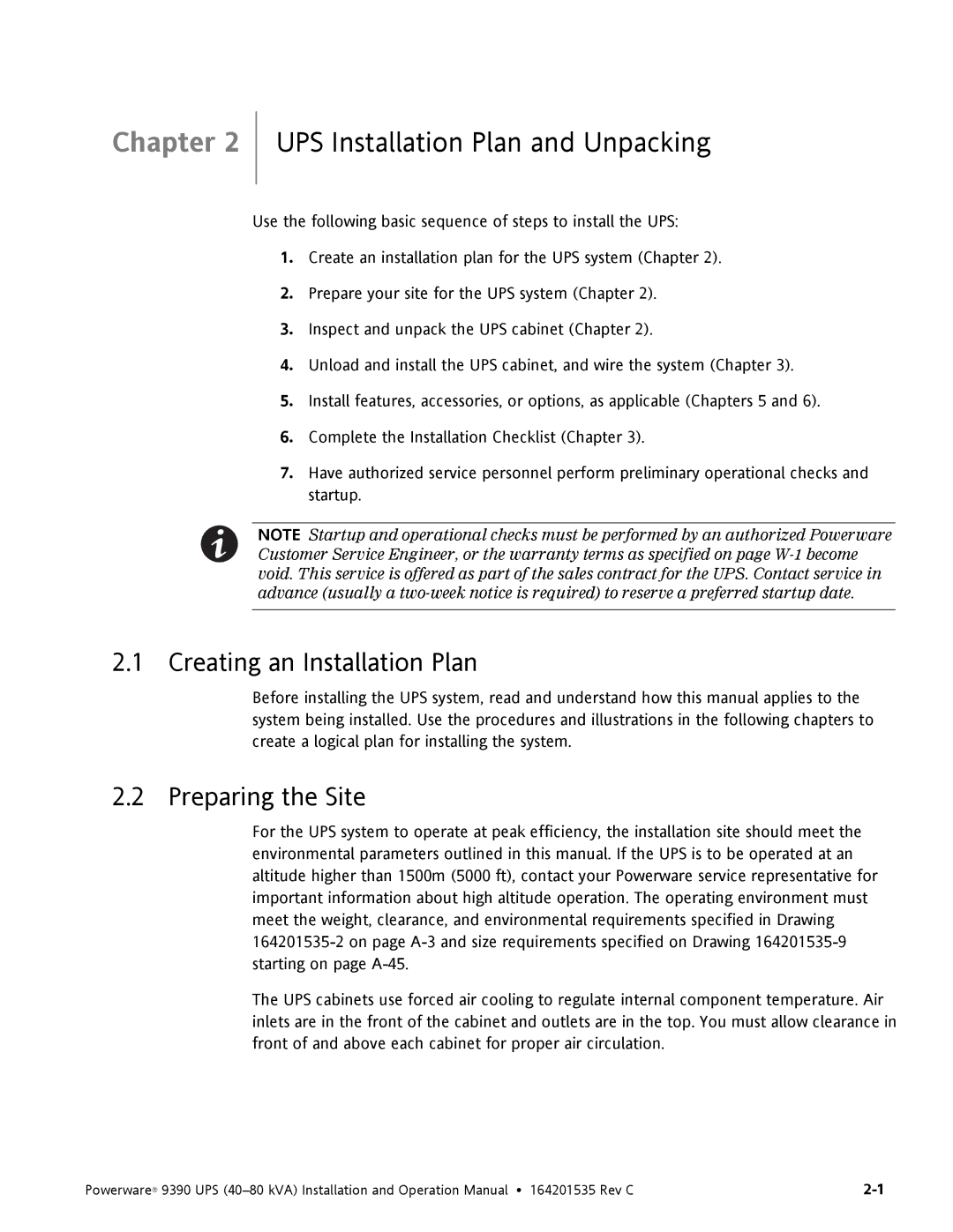 Powerware 9390 operation manual UPS Installation Plan and Unpacking, Creating an Installation Plan, Preparing the Site 