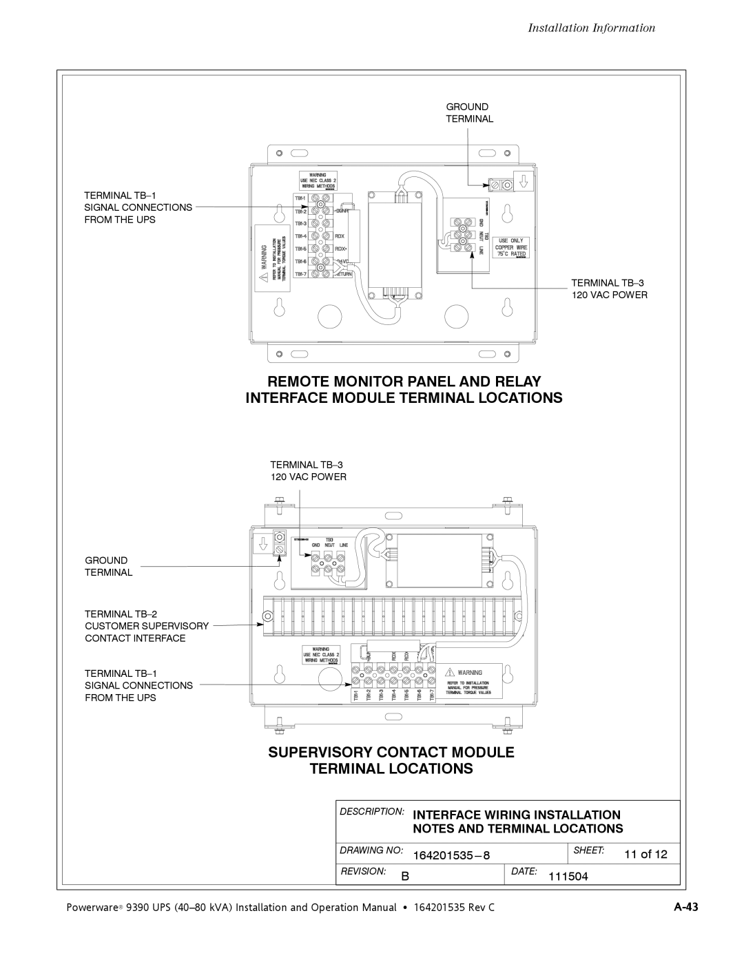 Powerware 9390 operation manual Supervisory Contact Module Terminal Locations 