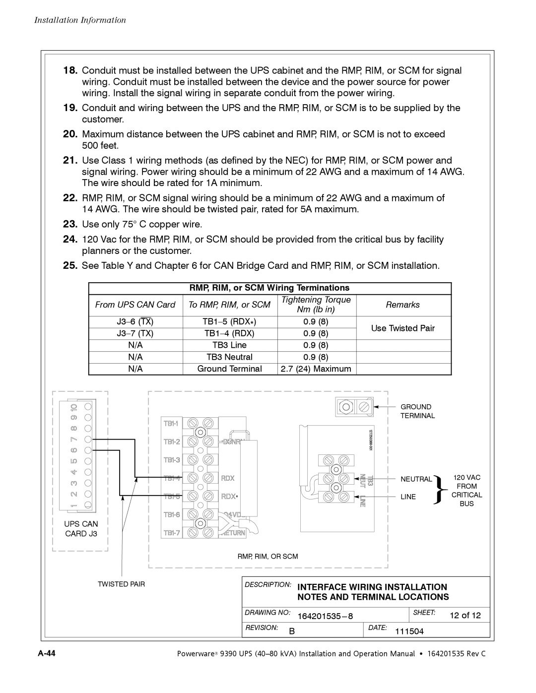 Powerware 9390 operation manual RMP, RIM, or SCM Wiring Terminations 