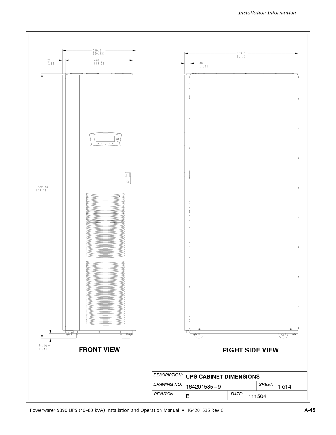 Powerware 9390 operation manual Front View Right Side View 