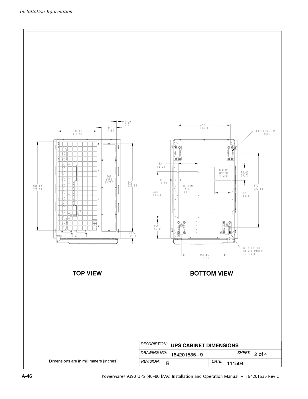 Powerware 9390 operation manual TOP View Bottom View 