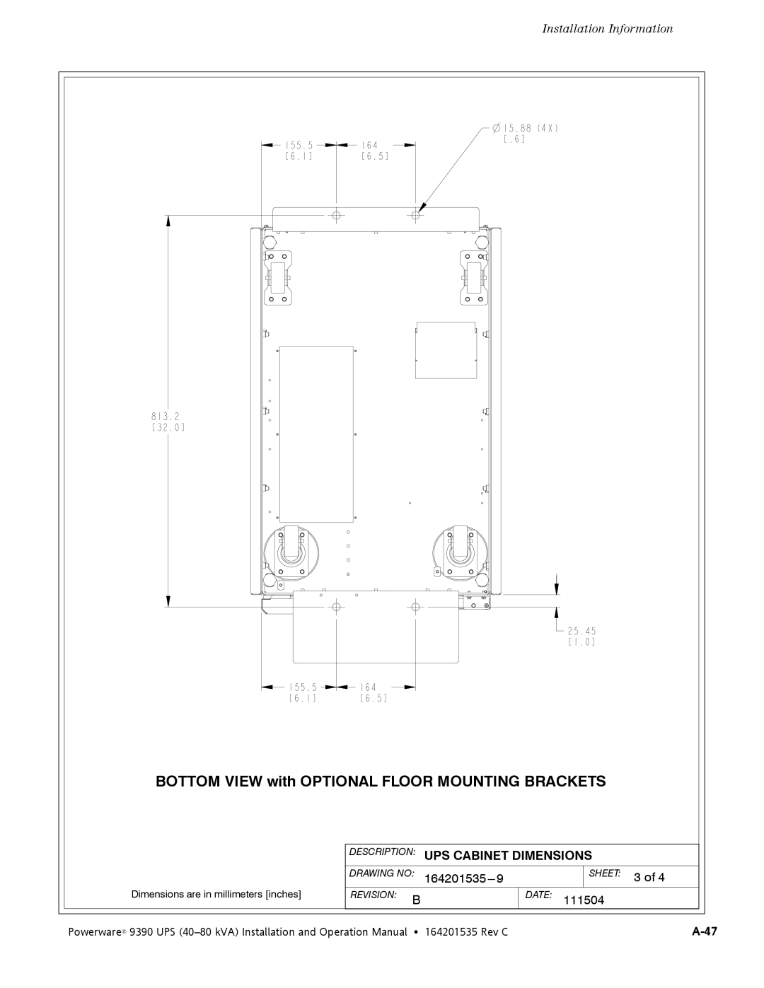 Powerware 9390 operation manual Bottom View with Optional Floor Mounting Brackets 