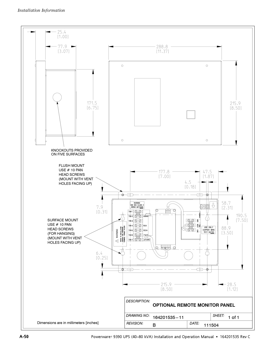 Powerware 9390 operation manual Description Optional Remote Monitor Panel 