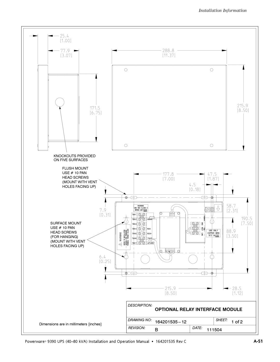 Powerware 9390 operation manual Description Optional Relay Interface Module 