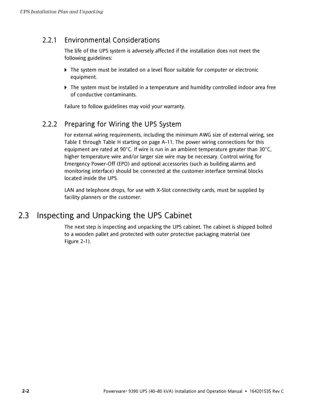 Powerware 9390 Inspecting and Unpacking the UPS Cabinet, Environmental Considerations, Preparing for Wiring the UPS System 