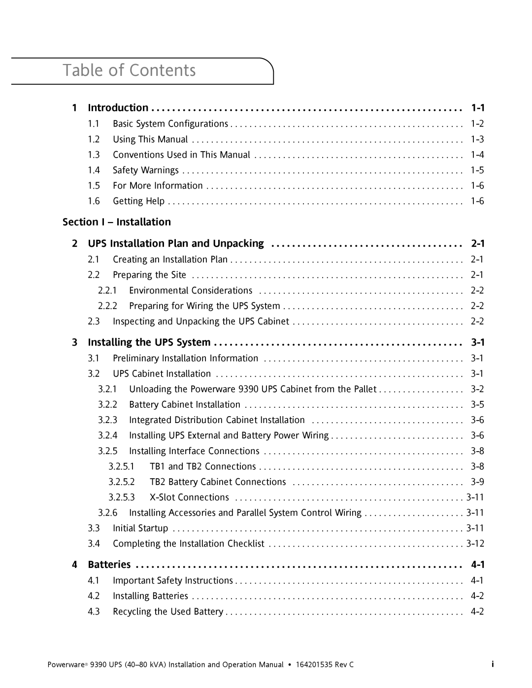 Powerware 9390 operation manual Table of Contents 