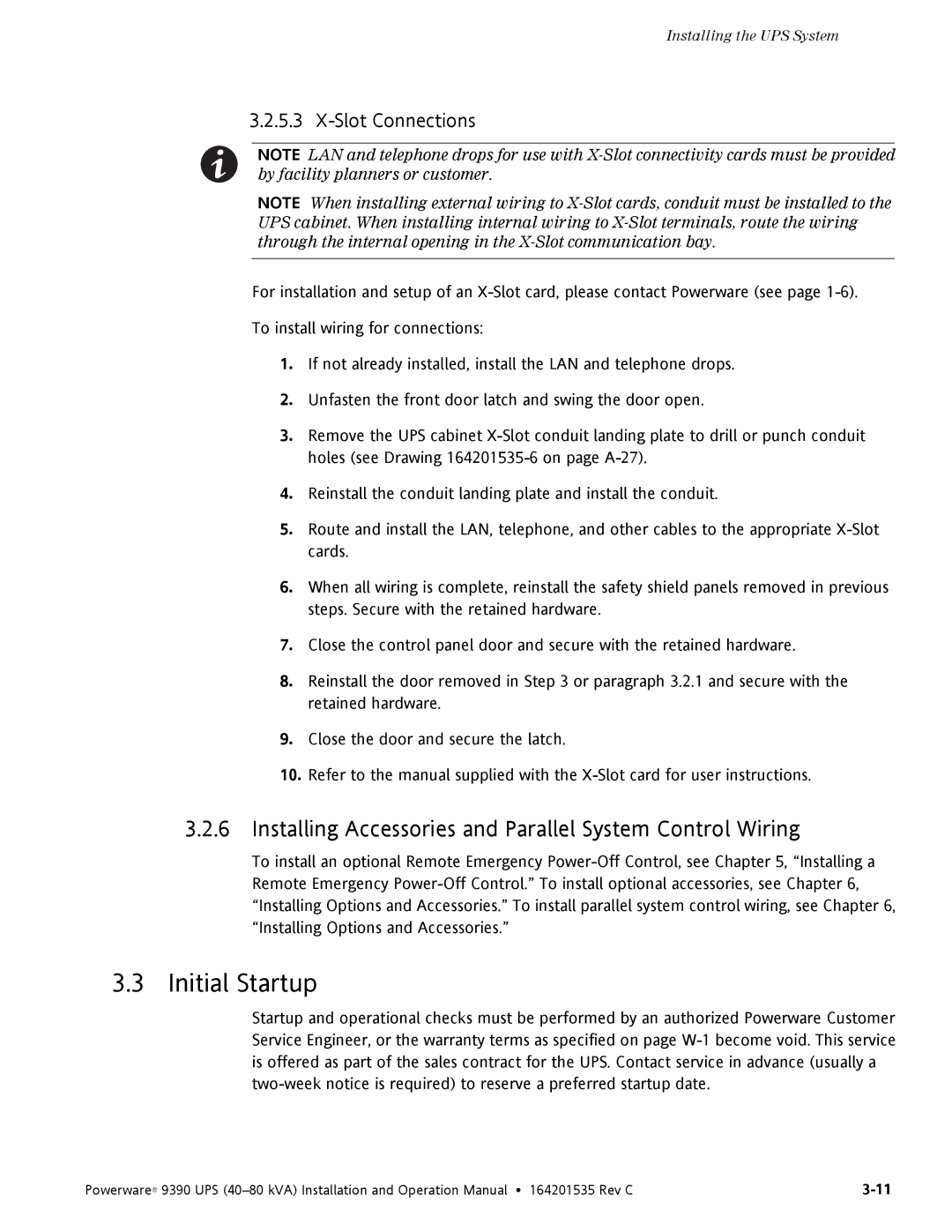 Powerware 9390 operation manual Initial Startup, Installing Accessories and Parallel System Control Wiring 