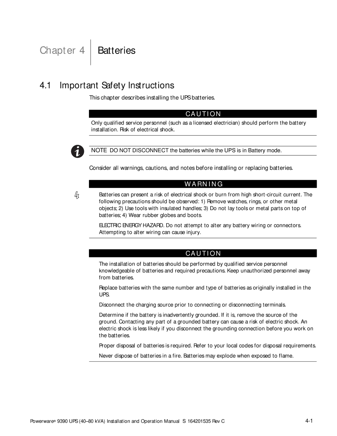 Powerware 9390 operation manual Batteries, Important Safety Instructions 