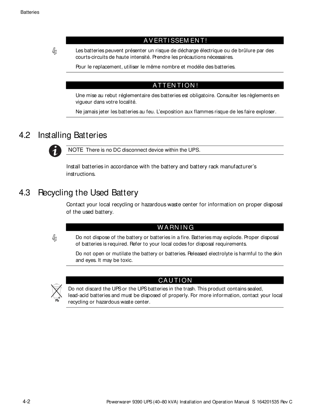 Powerware 9390 operation manual Installing Batteries, Recycling the Used Battery 