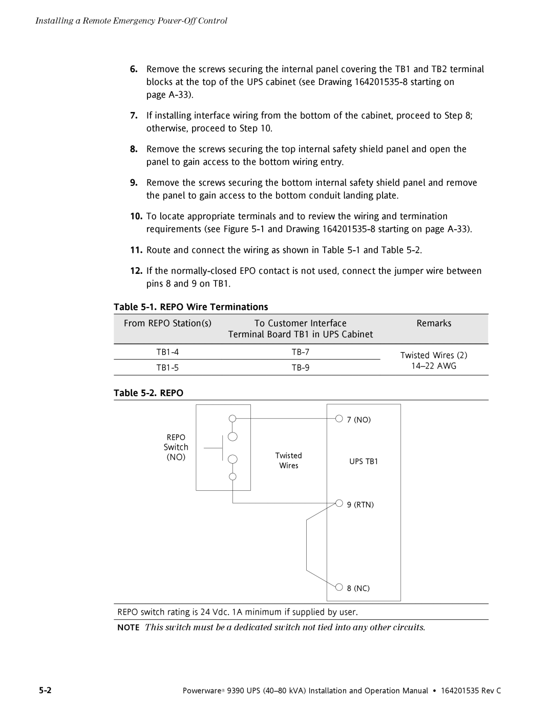 Powerware 9390 operation manual Repo Wire Terminations 