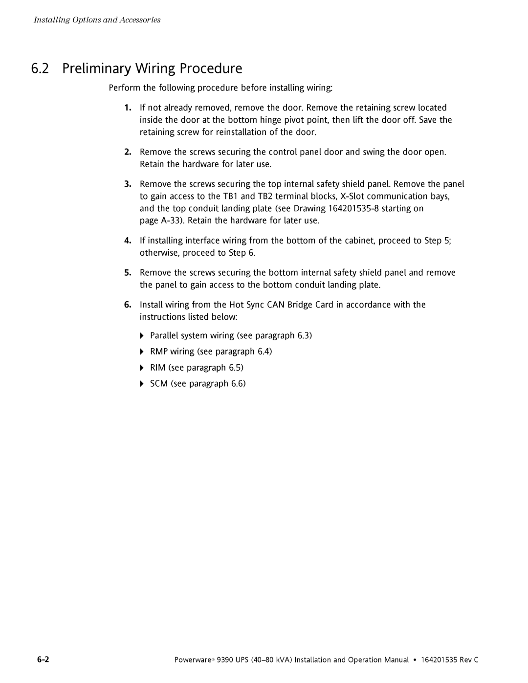 Powerware 9390 operation manual Preliminary Wiring Procedure 