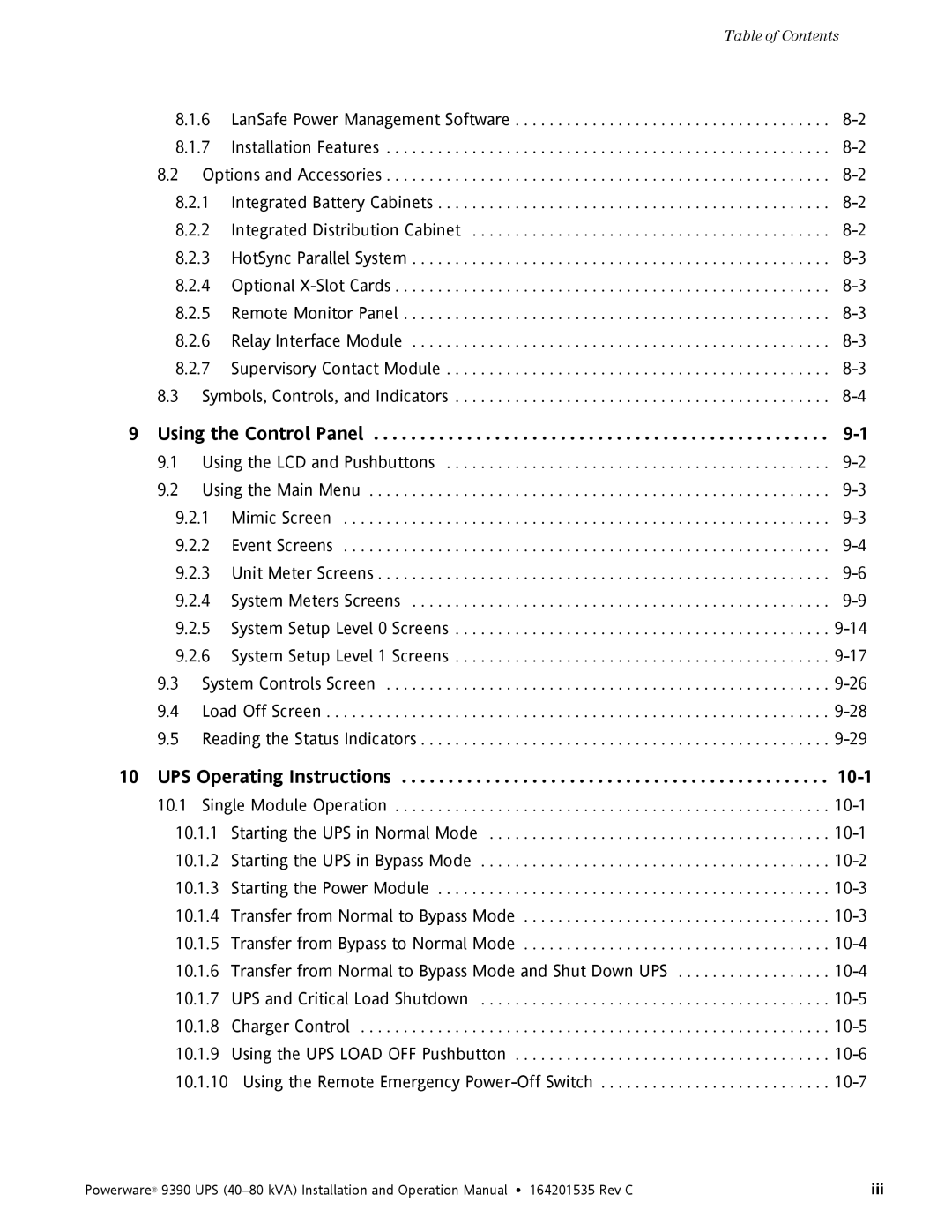 Powerware 9390 operation manual Using the Control Panel 